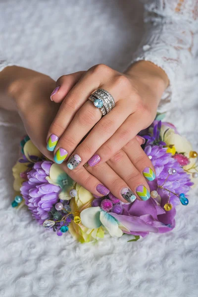 Summer nail art with chevron design with teddy bear picture