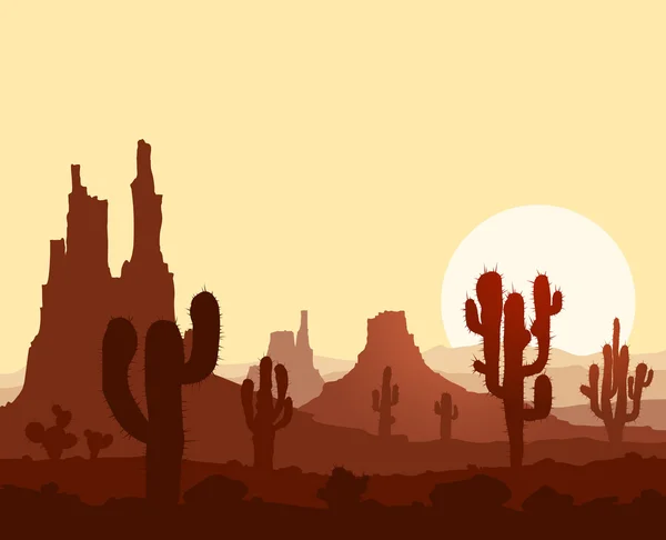 Sunset in stone desert  with cactuses