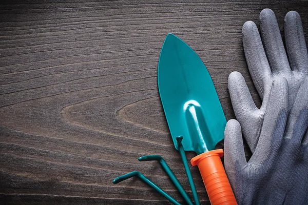 Rubber gloves, hand spade and rake