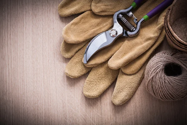 Pruner, gloves, peat pots and hank