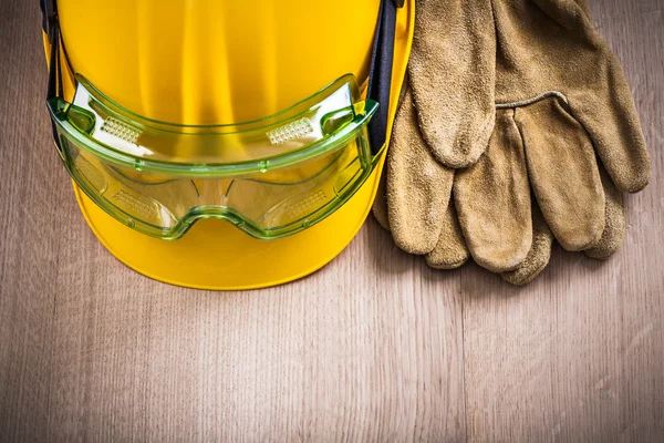 Safety gloves, hard hat and glasses