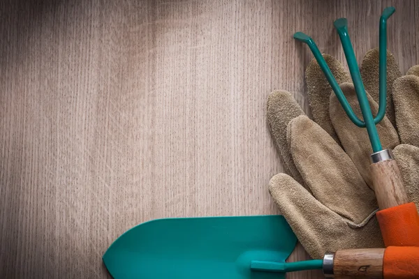 Gardening gloves, hand spade and rake
