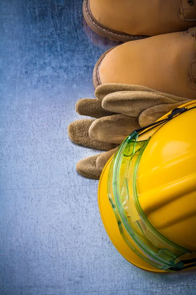 Leather gloves, boots, hard hat