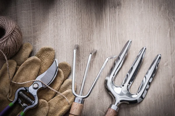 Gardening rake, fork, gloves, secateurs