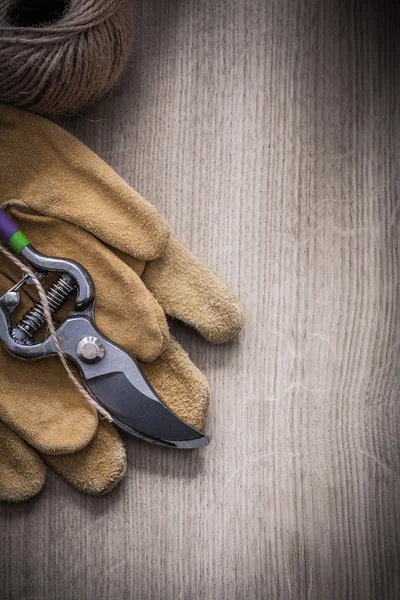 Safety gloves, secateurs and skein of twine