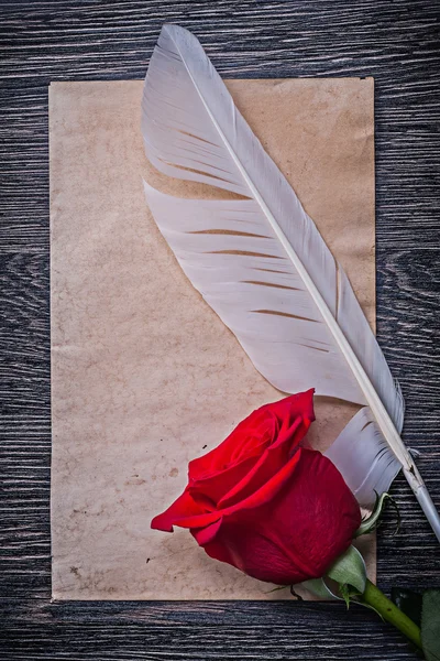 Paper, red rose and feather