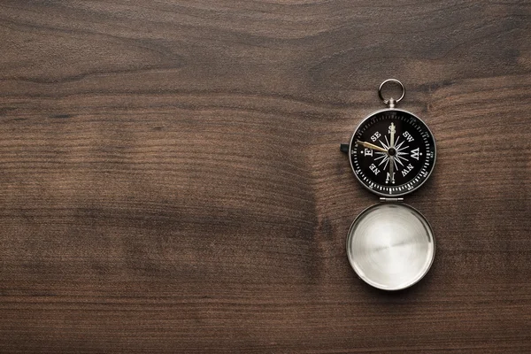 Compass on the brown wooden table