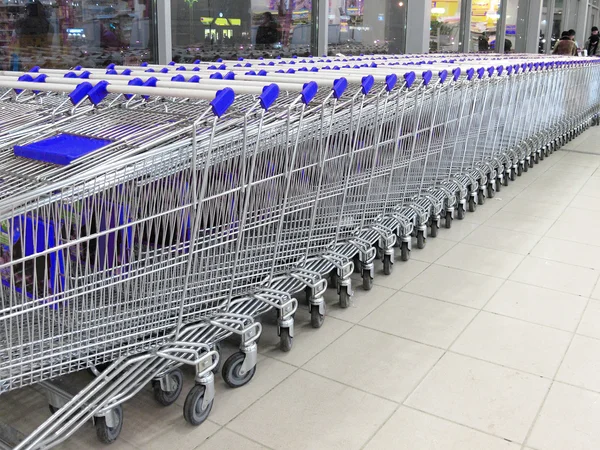 Shopping trolleys stands at the supermarket