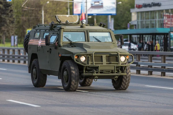 Moscow, RUSSIA - MAY 9 2015: Military transportation on its back way after Victory Day Parade