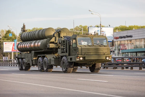 Moscow, RUSSIA - MAY 9 2015: Military transportation on its back way after Victory Day Parade