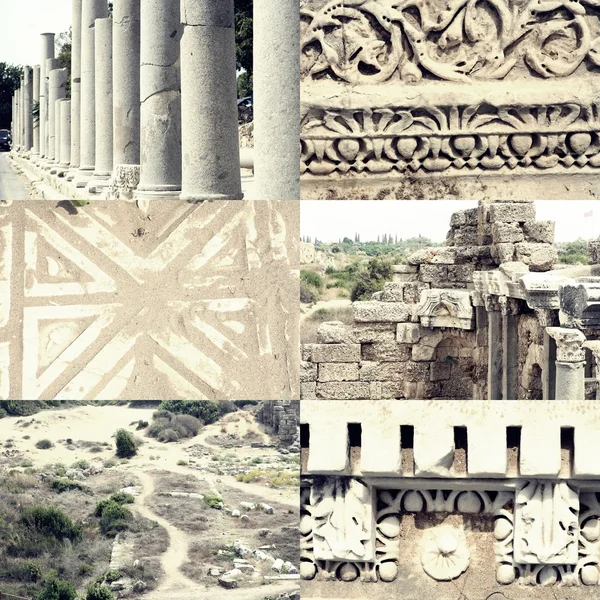 Pillars, ornaments and ruined buildings set of images of ancient Roman architecture in Side, Turkey