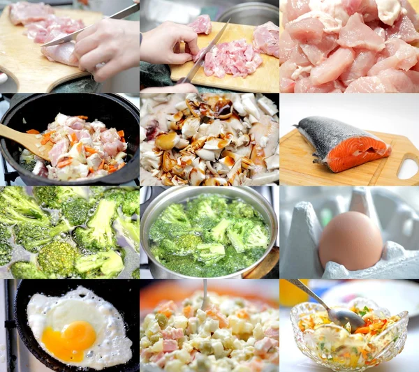 Food preparation. Set of different images food ingredients in raw and prepared state