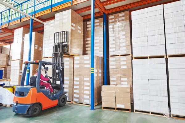 Forklift loader working in warehouse