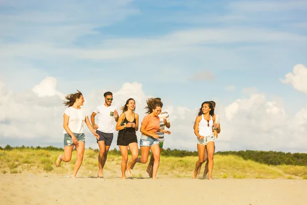 Multiracial group of friends running on the beach
