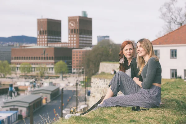 Two beautiful nordic girls enjoying their spare time in Oslo