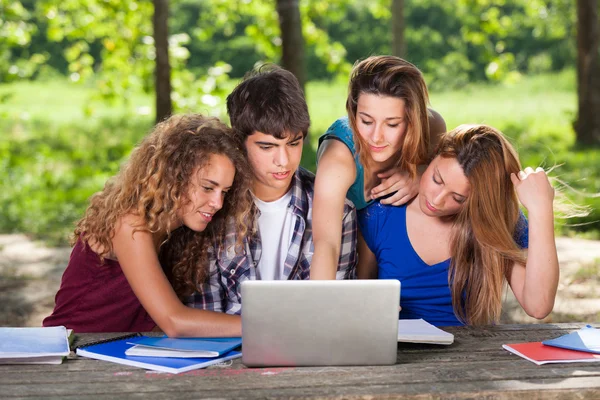 Students at Park with Computer and Books