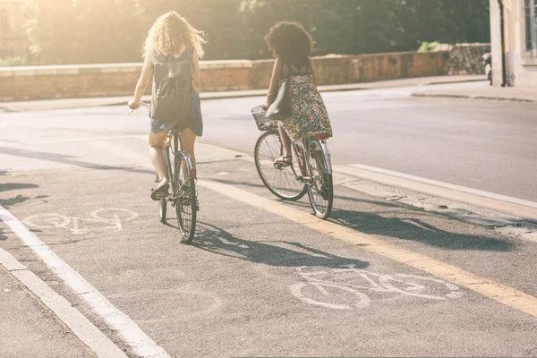 Couple of friends with bicycles on bike lane.