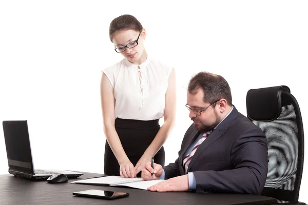 The secretary transfers documents for the signature