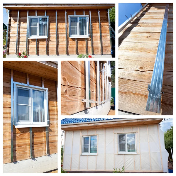 Collage with process of external wall insulation in wooden house