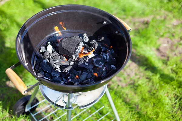 Barbecue charcoal in fire, preparing for grilling