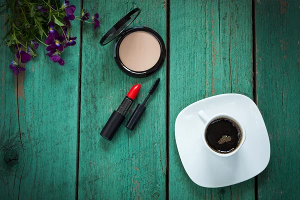 Glamour girls morning. Make-up and coffee