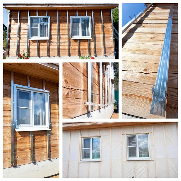 Collage with process of external wall insulation in wooden house