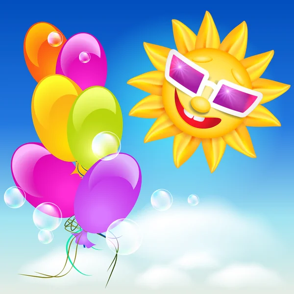 Smiling sun in glasses and balloons