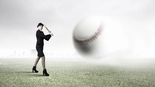 Woman play baseball . Mixed media