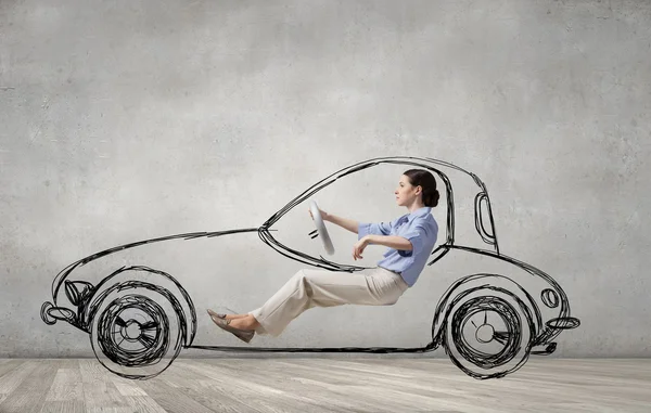 Woman driving old styled drawn car . Mixed media