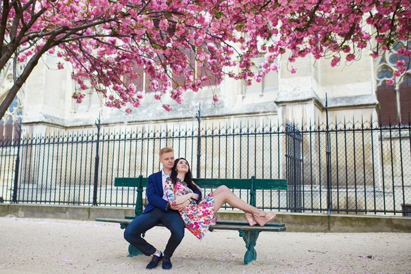 Romantic couple in Paris on a spring day