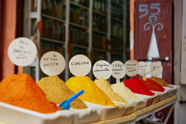 Selection of spices on a traditional Moroccan market in Marrakech, Morocco