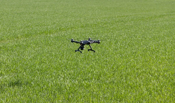 Drone flying above field.