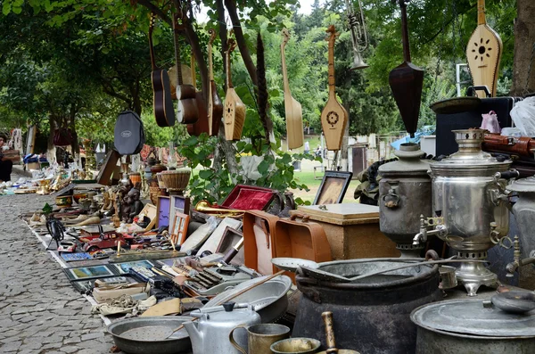 Georgian souvenirs and retro items sold on the Dry Bridge Market in Tbilisi,Georgia.It ist unofficial open-air art bazaar.