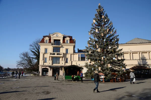 Christmas tree at Teatralna square in Uzhhorod,Ukraine.City located in western Ukraine, at border with Slovakia and near border with Hungary