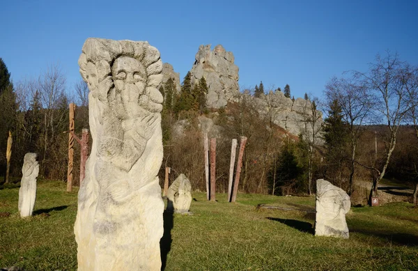 Ancient idols near ruins of Tustan - rock fortress in Carpathian Mountains, historical and cultural reserve,Western Ukraine