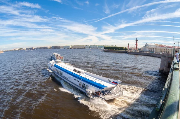 River cruise boats on the Neva river in summer sunny day. St. Pe