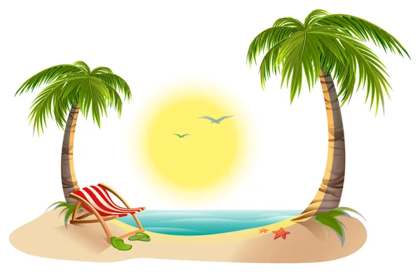 Beach chaise longue under palm tree. Summer vacation in tropics