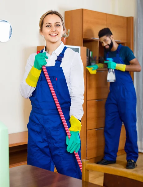 Smiling young cleaners cleaning and dusting