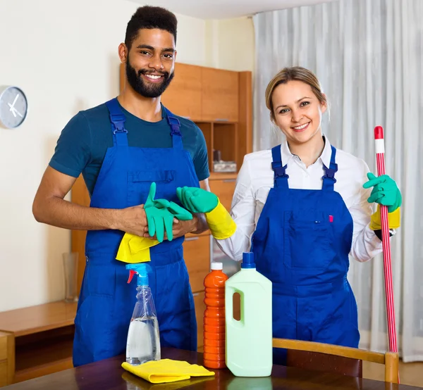 Cleaners cleaning and dusting in house