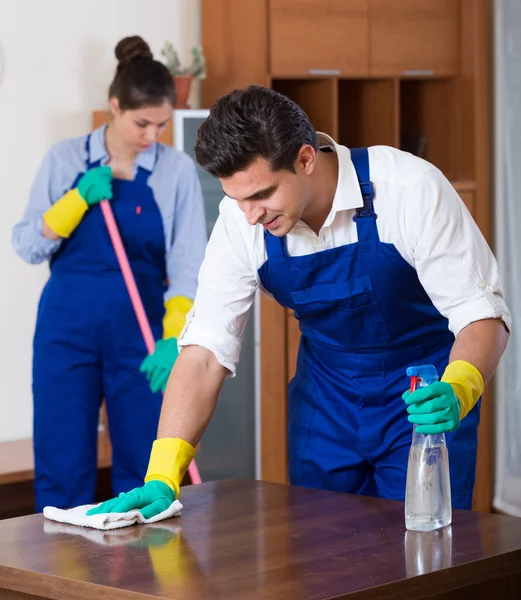 Cleaners in overalls with supplies