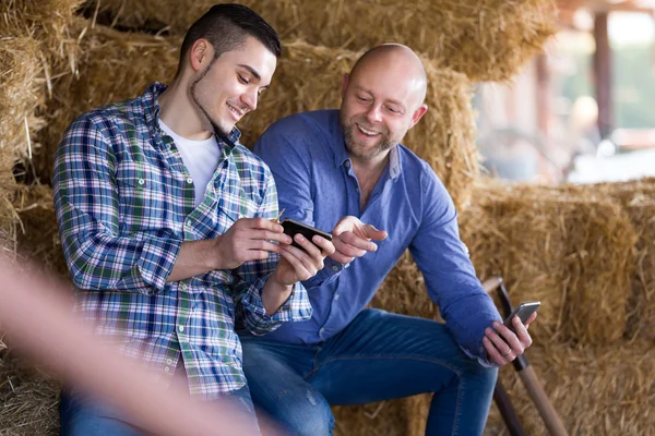 Two farmers with phones at hayloft