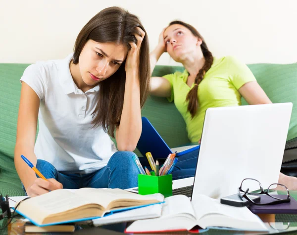 Teenage student girls study at home