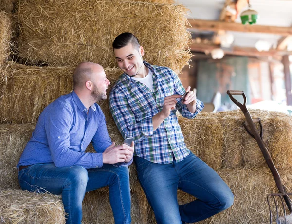 Two farmers with phones at hayloft