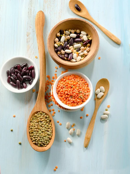 Beans and lentil on wooden table