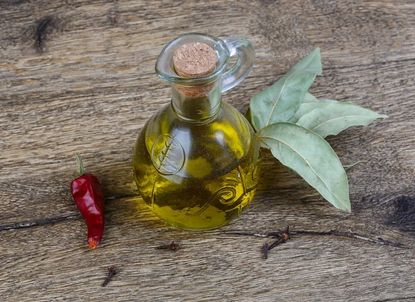 Olive oil with laurel leaves