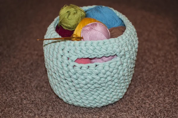 Knitted basket with balls of yarn