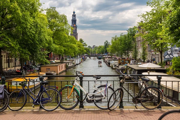 Bicycles on a bridge over canal