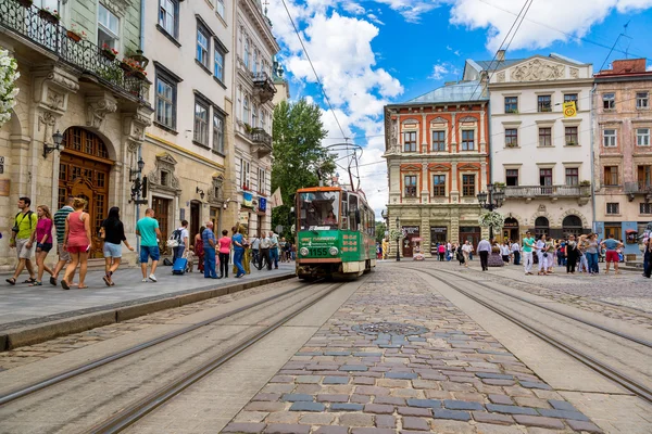 Old tram in historic center of Lviv.