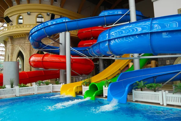 Multi-colored water slides in a water park