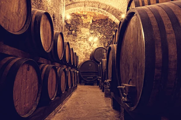 Wooden barrels with wine